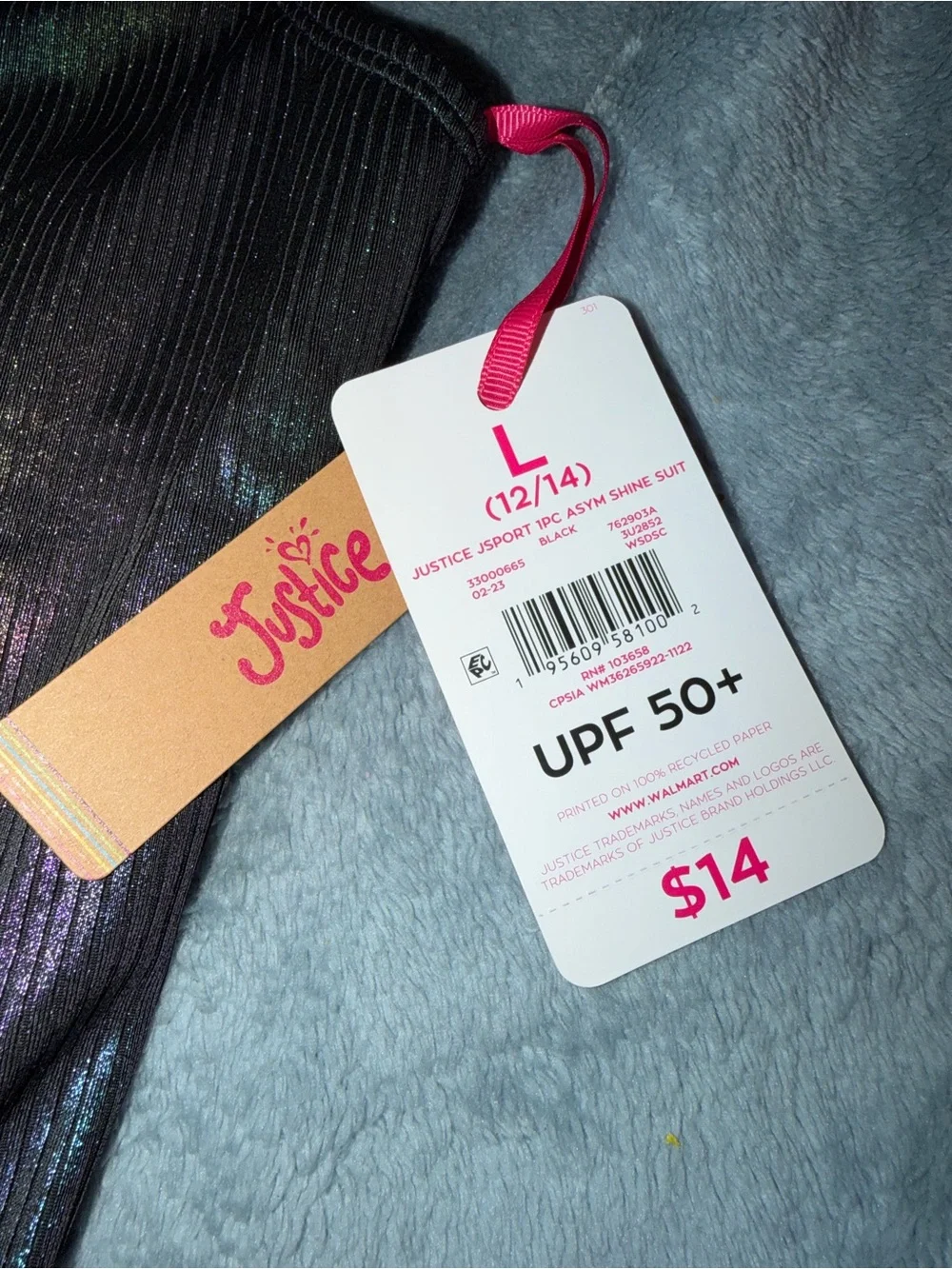 Justice Iridescent Black One-Shoulder Swim Top with Pink Tag